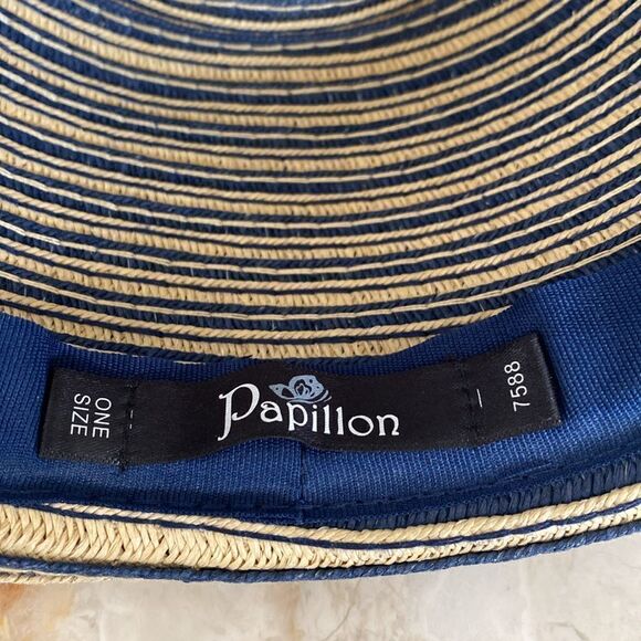 Papillon Panama Style Hat Blue and Straw Colored Stripes 100% Recycled - Picture 9 of 10